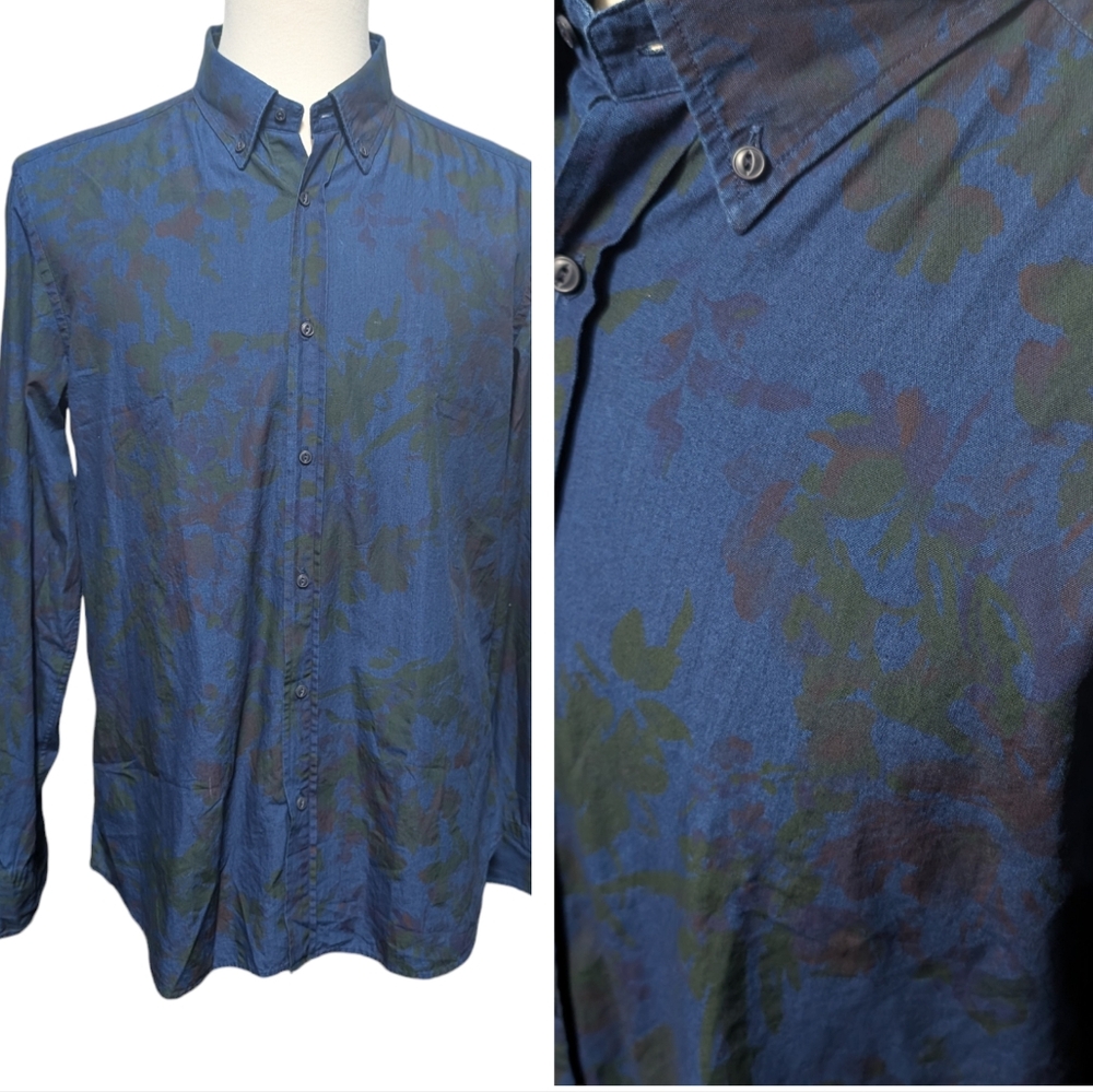 Massimo Dutti XL Dress Shirt Navy Blue Subtle Floral Long Sleeve Collared
